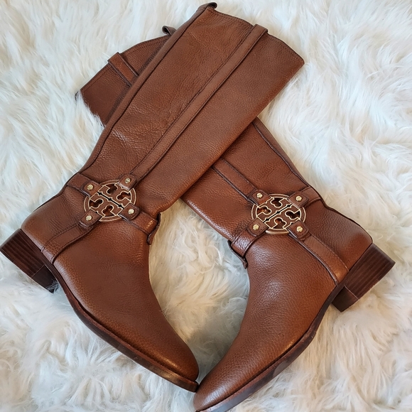 Tory Burch Amanda Brown Heeled Pebble Leather Riding Boots Sz-8.5 - Picture 7 of 15